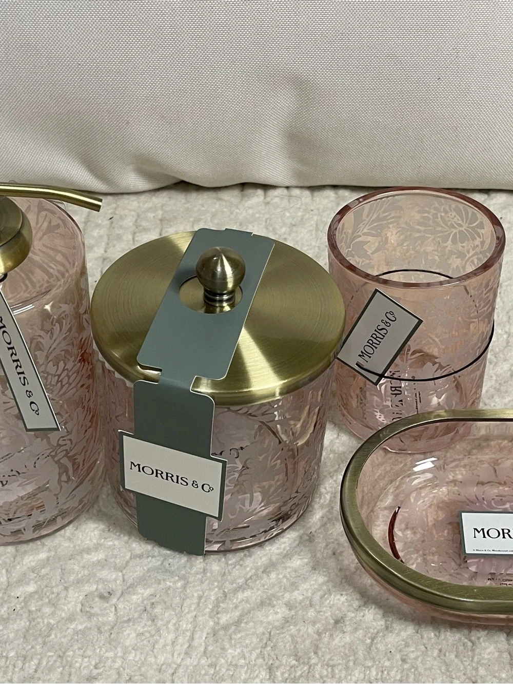 Pink Glass Bath Accessory Set with Brass Accents by Morris and co